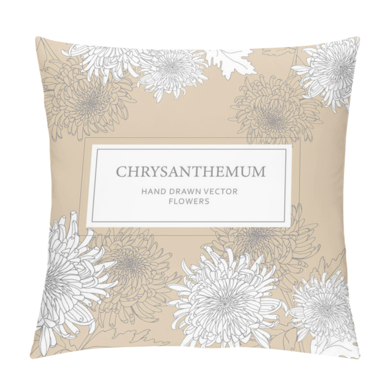 Personality  Chrysanthemum Floral Label Design With Hand-drawn White Vector Flowers On A Beige Background. Perfect For Product Packaging, Invitations, Branding, And Elegant Decorative Projects. Pillow Covers