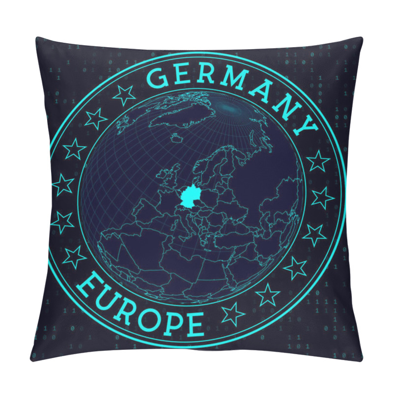 Personality  Germany Round Sign. Futuristic Satelite View Of The World Centered To Germany. Country Badge With Map, Round Text And Binary Background. Stylish Vector Illustration. Pillow Covers