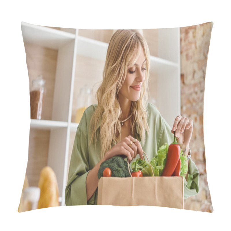 Personality  Woman Holds Full Paper Bag Of Fresh Vegetables In Kitchen At Home. Pillow Covers