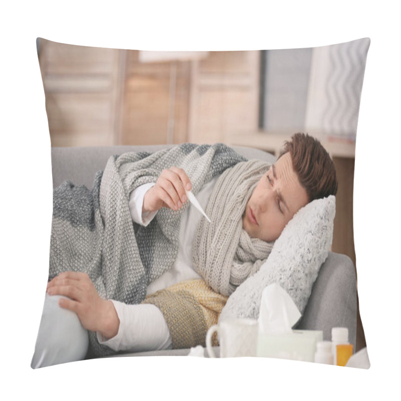 Personality  Sick Young Man With Thermometer Suffering From Cold On Sofa At Home Pillow Covers