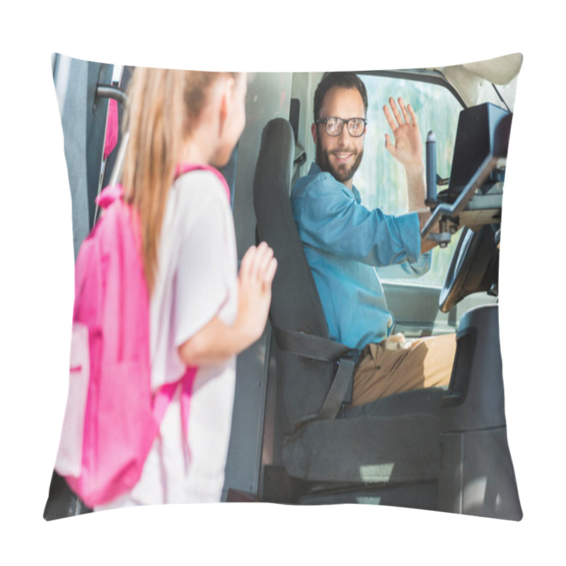 Personality  Smiling Bus Driver Greeting Schoolgirl Who Entering Bus Pillow Covers