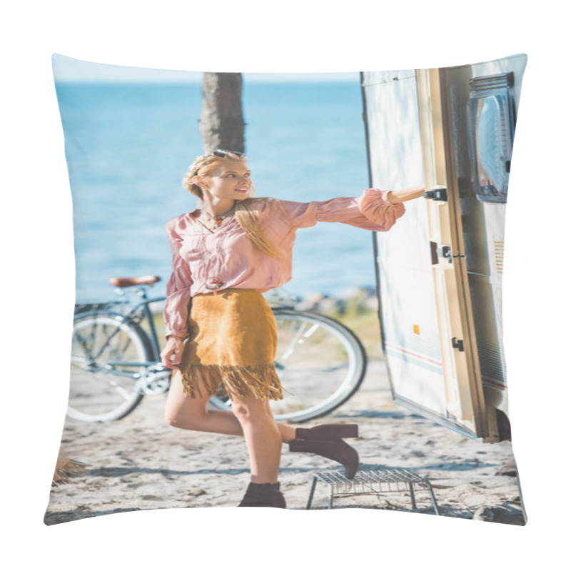 Personality  Beautiful Hippie Girl Standing Near Trailer With Bicycle Pillow Covers