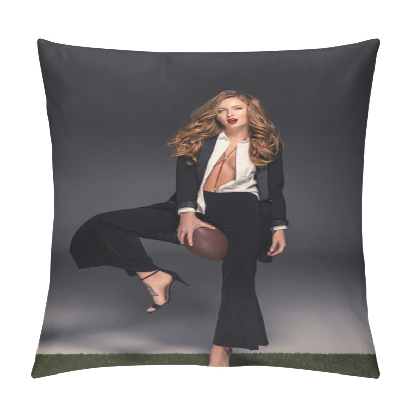 Personality  Stylish Woman Standing With Leg Up And Holding American Football Ball Pillow Covers