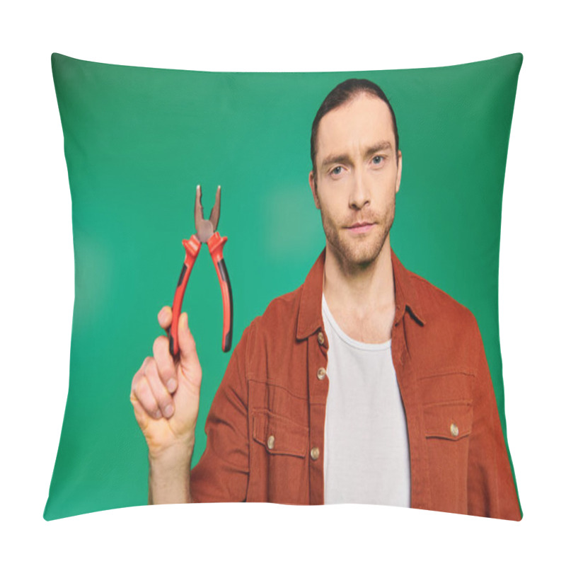 Personality  Handsome Worker Holding Scissors In Hand On Green Backdrop. Pillow Covers