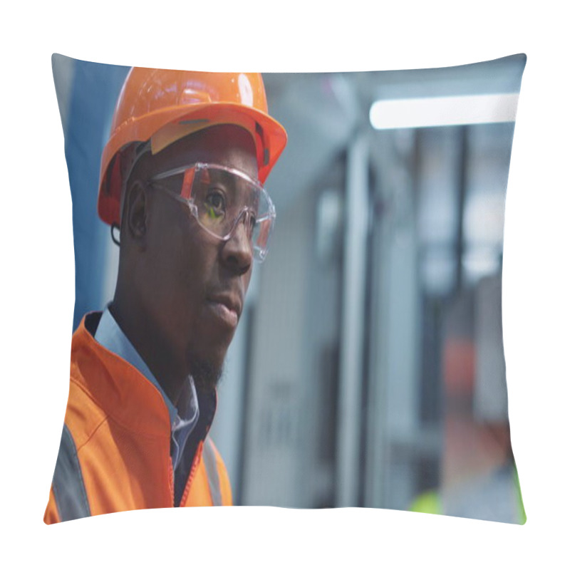 Personality  Man Engineer Shaking Head Wearing Safety Uniform At Modern Factory Closeup Pillow Covers