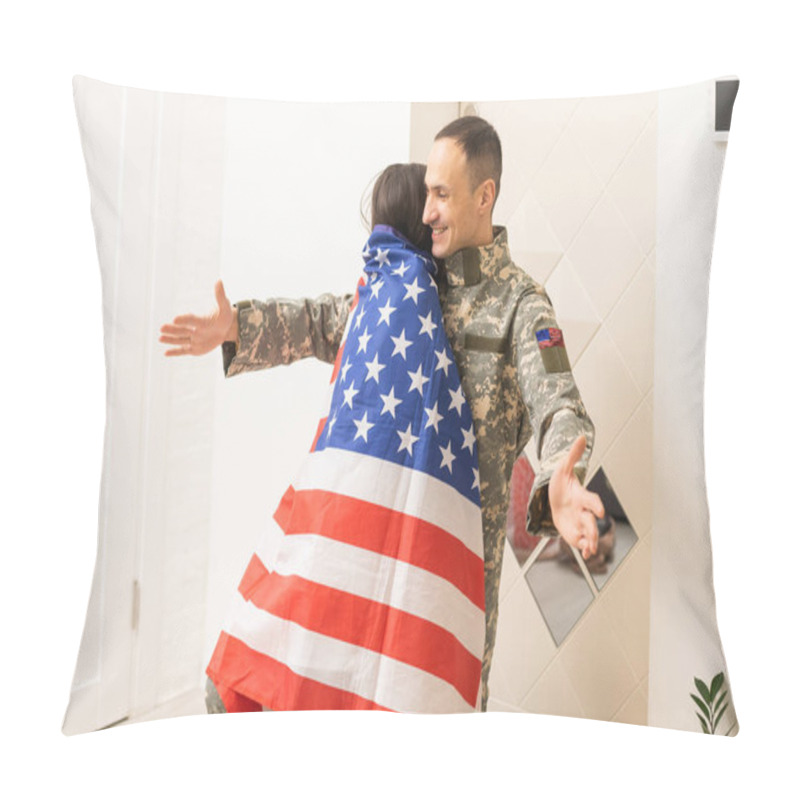 Personality  Portrait Of Happy American Family Father In Military Uniform And Cute Little Girl Daughter With Flag Of United States Hugging And Smiling At Camera Pillow Covers