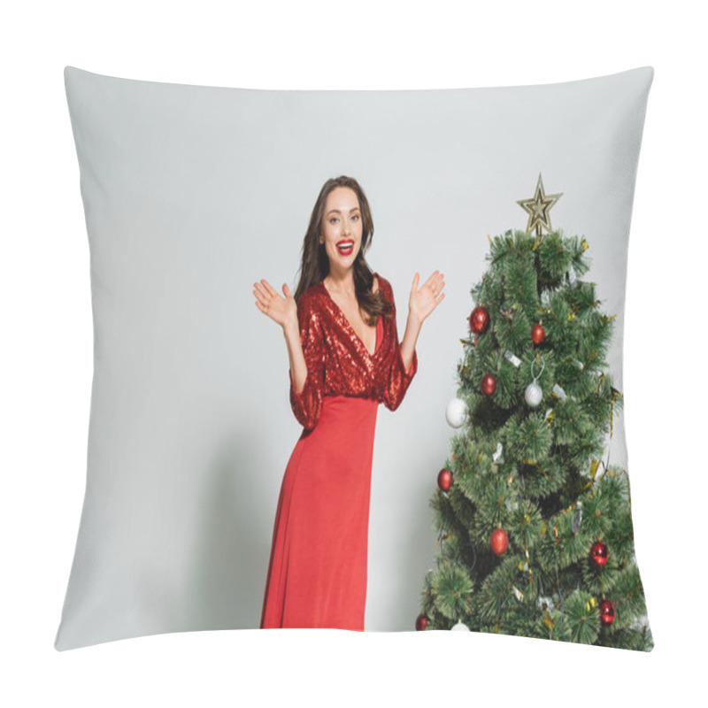 Personality  Happy Woman In Stylish Dress Waving Hands At Camera Near Christmas Tree On Grey Background  Pillow Covers