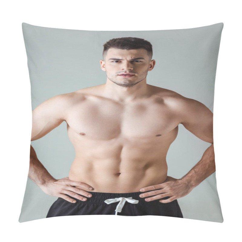 Personality  Sexy Muscular Bodybuilder With Bare Torso Posing With Hands On Hips Isolated On Grey Pillow Covers