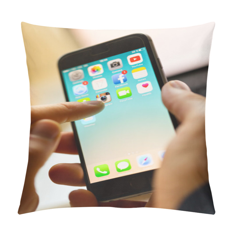 Personality  A Man Hand Holding Screen Apple App Showing On IPhone 6 In Office. Apple Is The Most Valuable Technology Company In The World. PRAGUE, CZECH REPUBLIC - NOVEMBER 17,2015 Pillow Covers