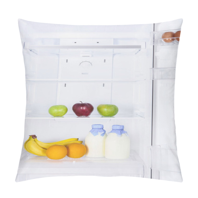 Personality  Ripe Tasty Fruits And Bottles Of Milk In Fridge Pillow Covers