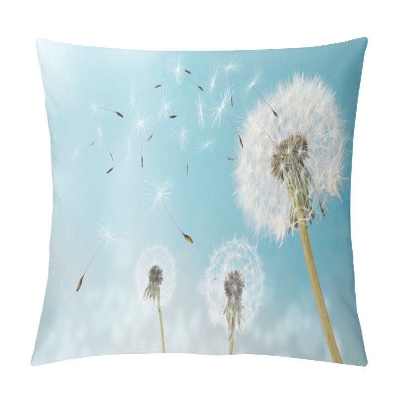 Personality  Beautiful Puffy Dandelions And Flying Seeds Against Blue Sky On Sunny Day  Pillow Covers