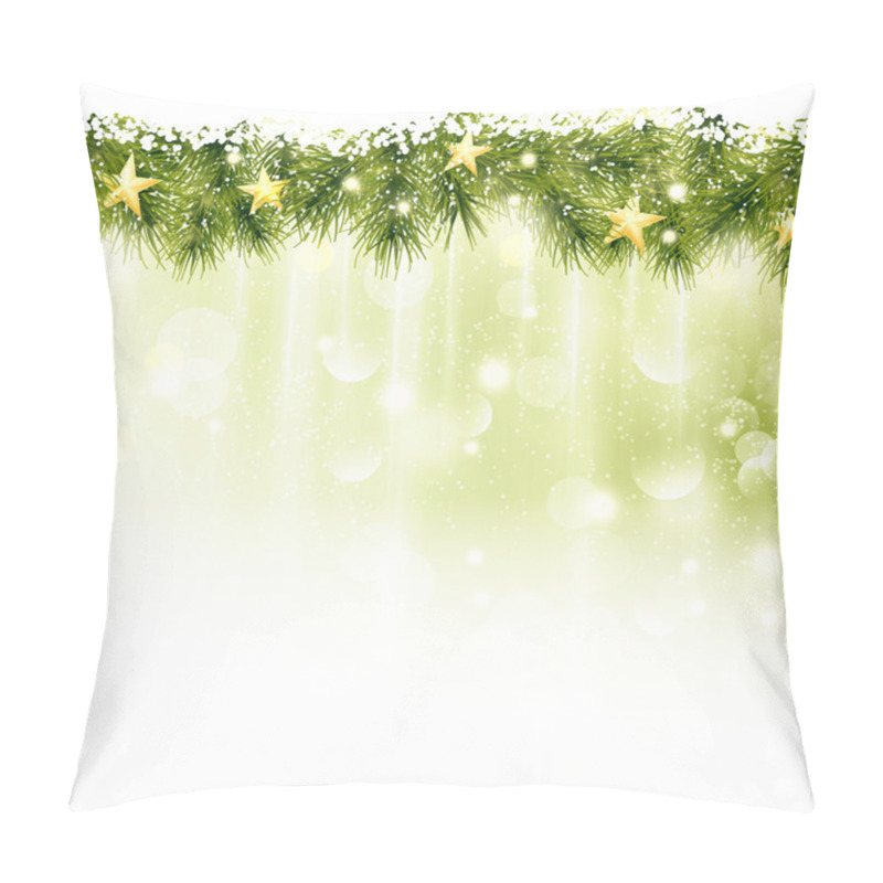 Personality  Border Of Fir Twigs With Golden Stars In Soft Light Green Background Pillow Covers