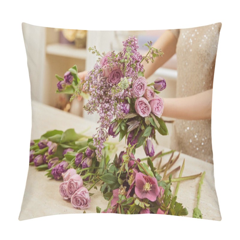 Personality  Partial View Of Florist Making Bouquet Of Tulips, Peonies And Lilac At Workplace Pillow Covers