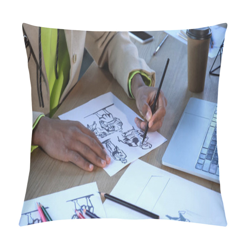 Personality  Cropped View Of African American Designer Drawing Sketches Near Devices And Paper Cup In Studio  Pillow Covers