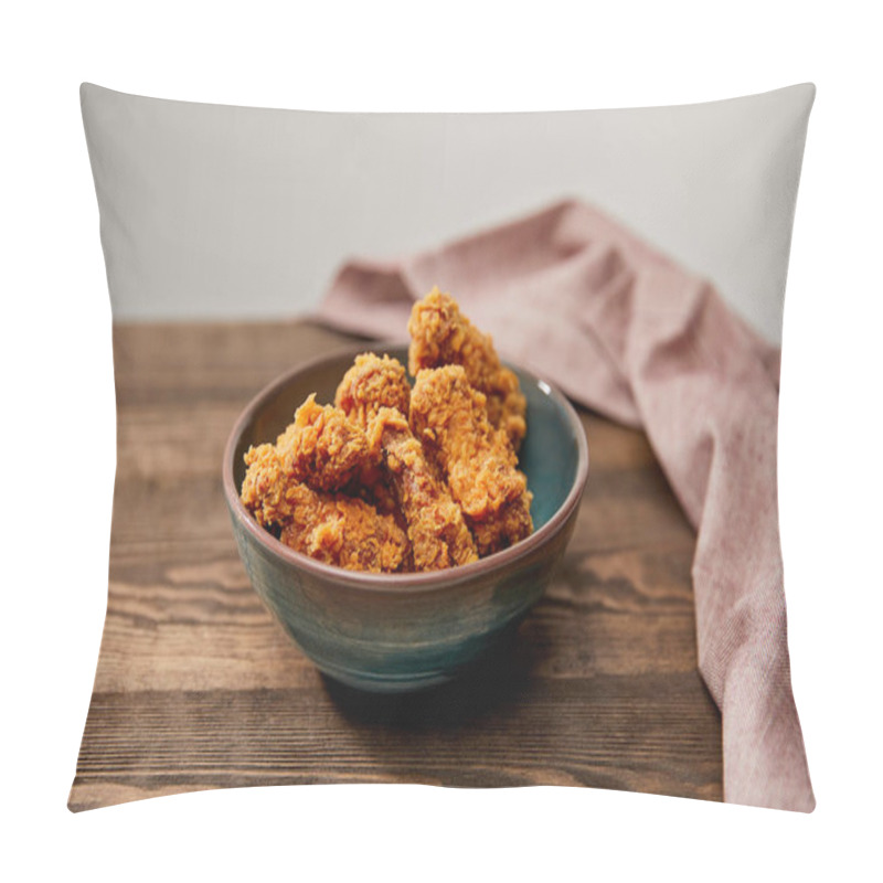 Personality  Delicious Chicken Nuggets In Bowl Near Napkin On Wooden Table Isolated On Grey Pillow Covers