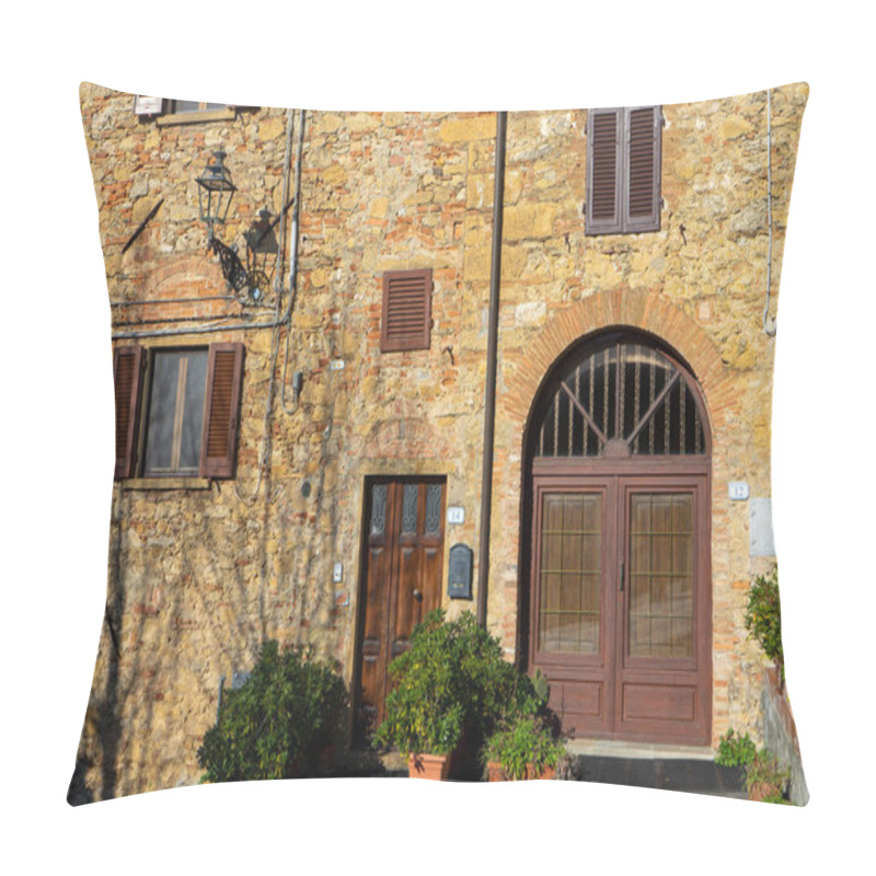 Personality  In The Town Of Sassetta (Pisa) Facade Of A Typical Tuscan House With Bricks And Exposed Stones On The Main Square On A Sunny Winter Day Pillow Covers