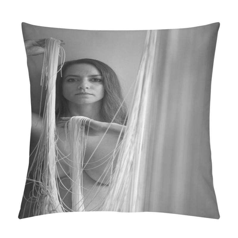 Personality  Black And White Picture Of The Portrait Of A Young Naked Attractive Sexy Woman With Uncovered Shoulders, Who Decoratively Pulls The White Threads Of A String Curtain With Her Hands Isolated Pillow Covers