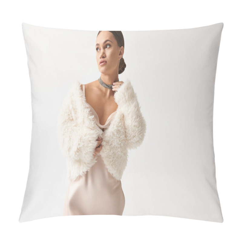 Personality  Charming Young Woman With Achondroplasia In Stylish Attire Poses Gracefully In A Minimalistic Studio Environment. Pillow Covers