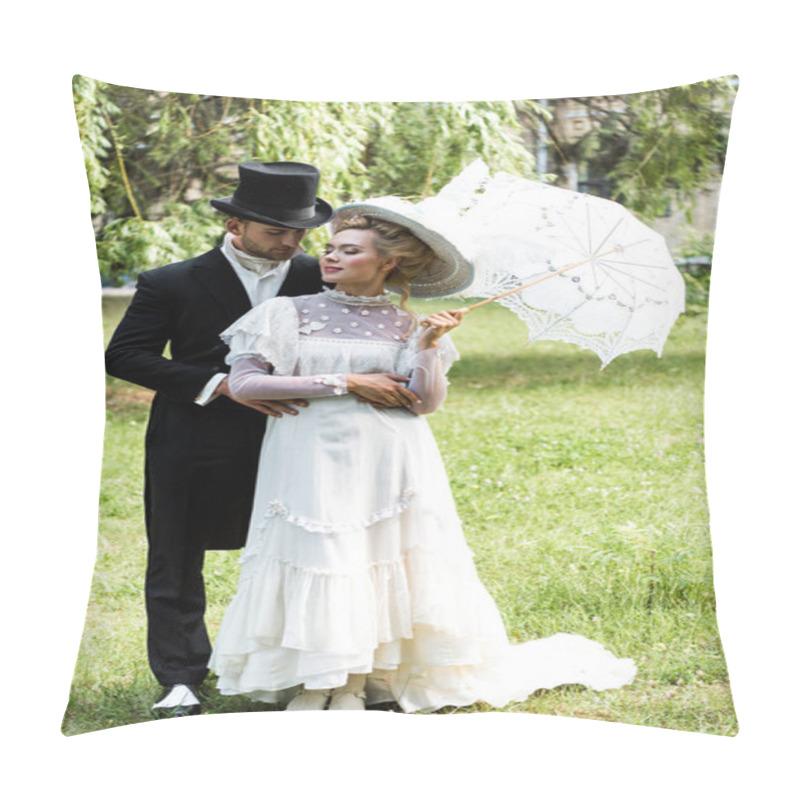 Personality  Handsome Victorian Man Standing With Attractive Woman Holding Umbrella  Pillow Covers