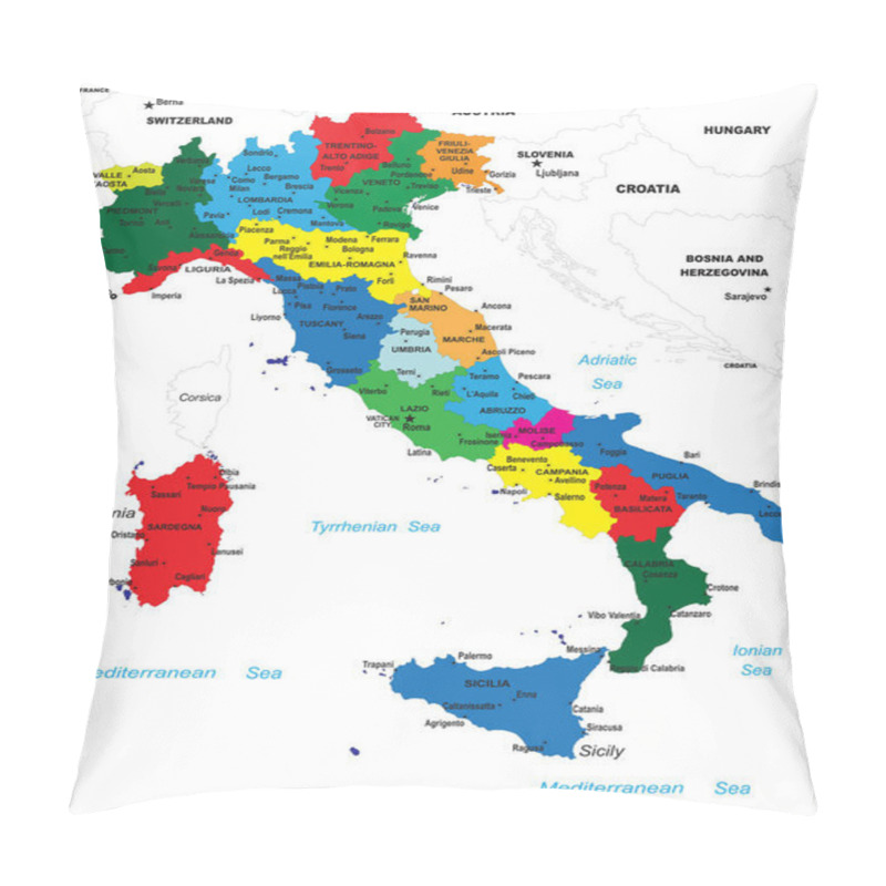 Personality  Highly Detailed Map Of Italy With All Different Regions Selectable Individual. Pillow Covers