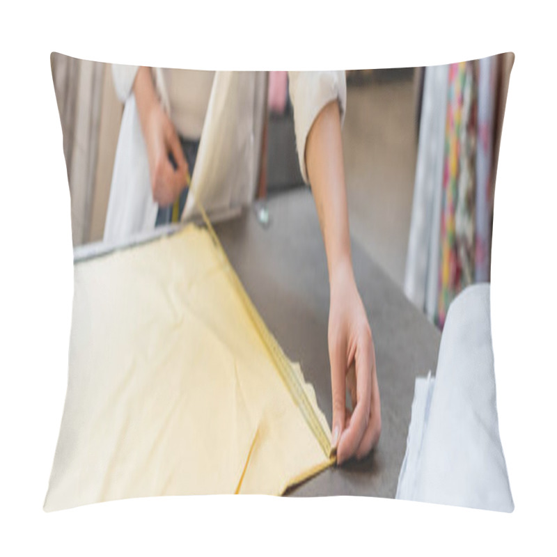 Personality  Cropped View Of Saleswoman Measuring Yellow Linen Fabric In Textile Shop, Banner Pillow Covers