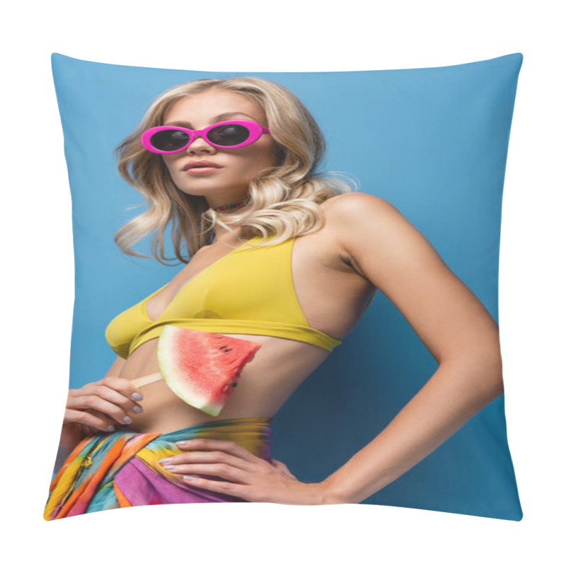 Personality  Young Woman In Pink Sunglasses Holding Popsicle Stick With Watermelon On Blue Pillow Covers