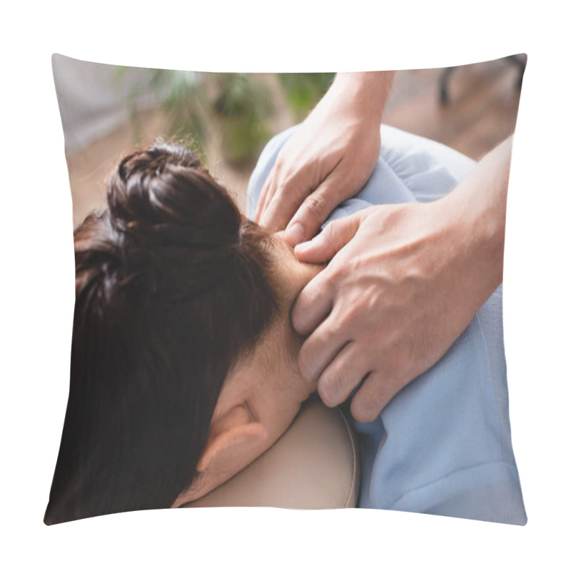 Personality  Close Up View Of Masseur Doing Seated Massage Of Shoulders Foe Brunette Woman On Blurred Background Pillow Covers