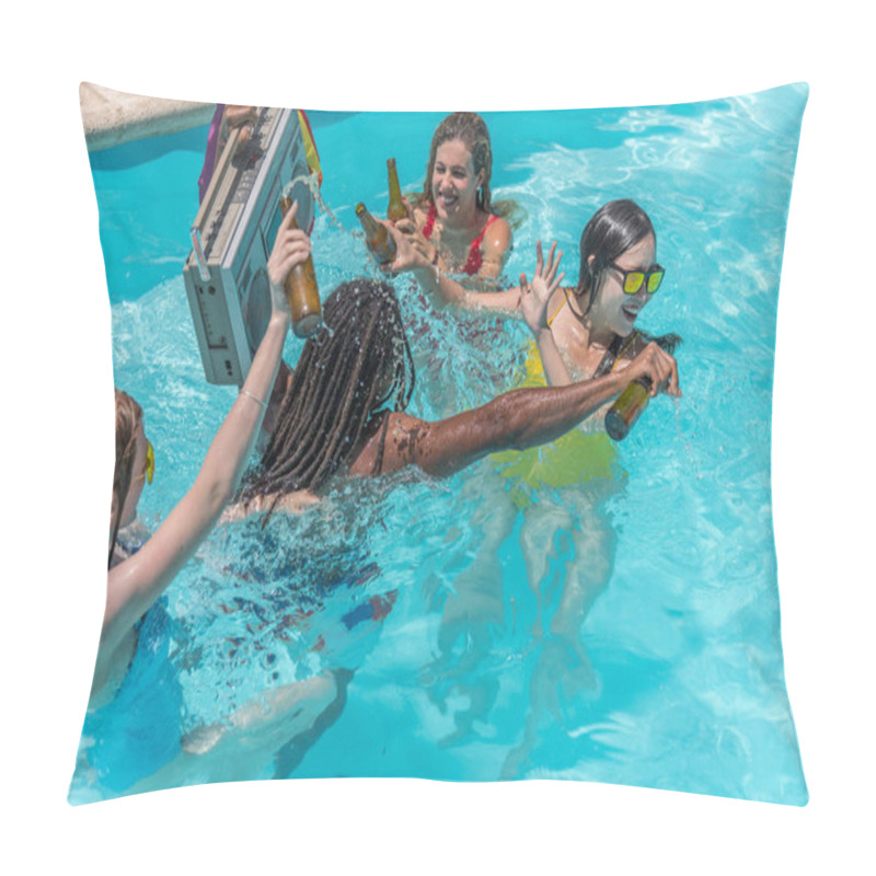 Personality  People Playing Splash Around Inside A Pool With Beers While A Man Carries A Cassette Player With A Rainbow Flag Pillow Covers