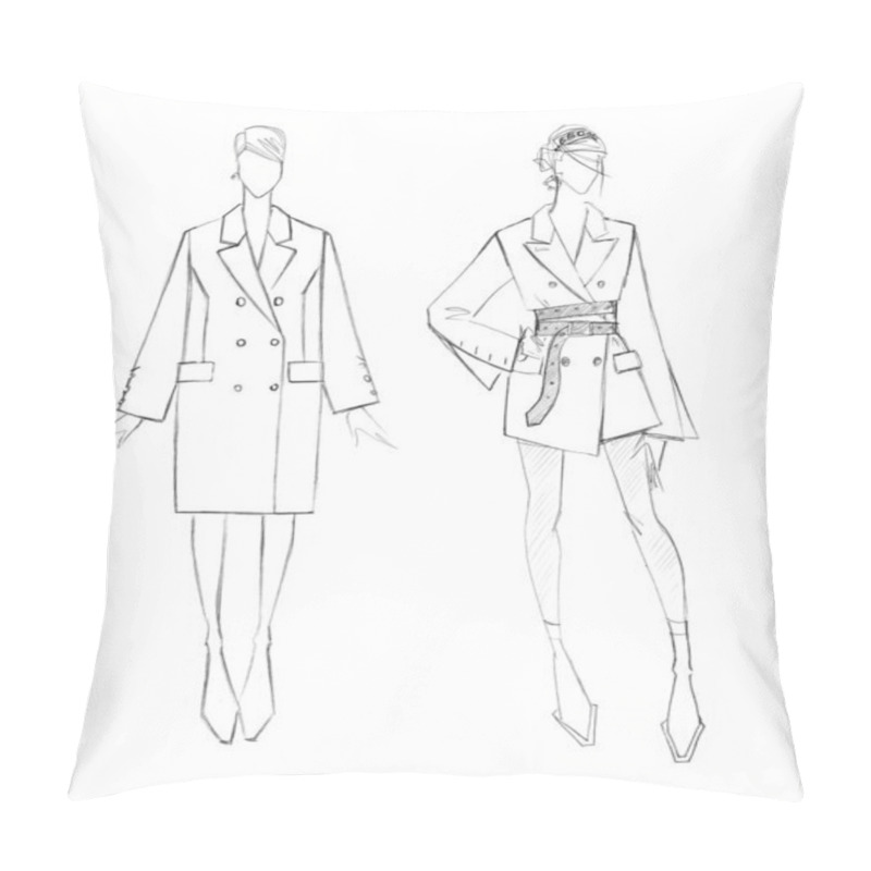 Personality  Sketch Of A Female Coat Set. Fashion Design Pillow Covers