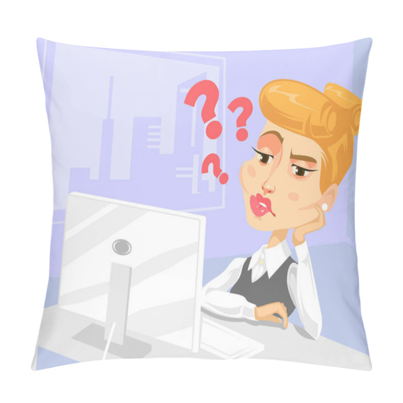 Personality  Lazy Secretary Woman Character With Lot Of Questions. Vector Flat Cartoon Illustration Pillow Covers