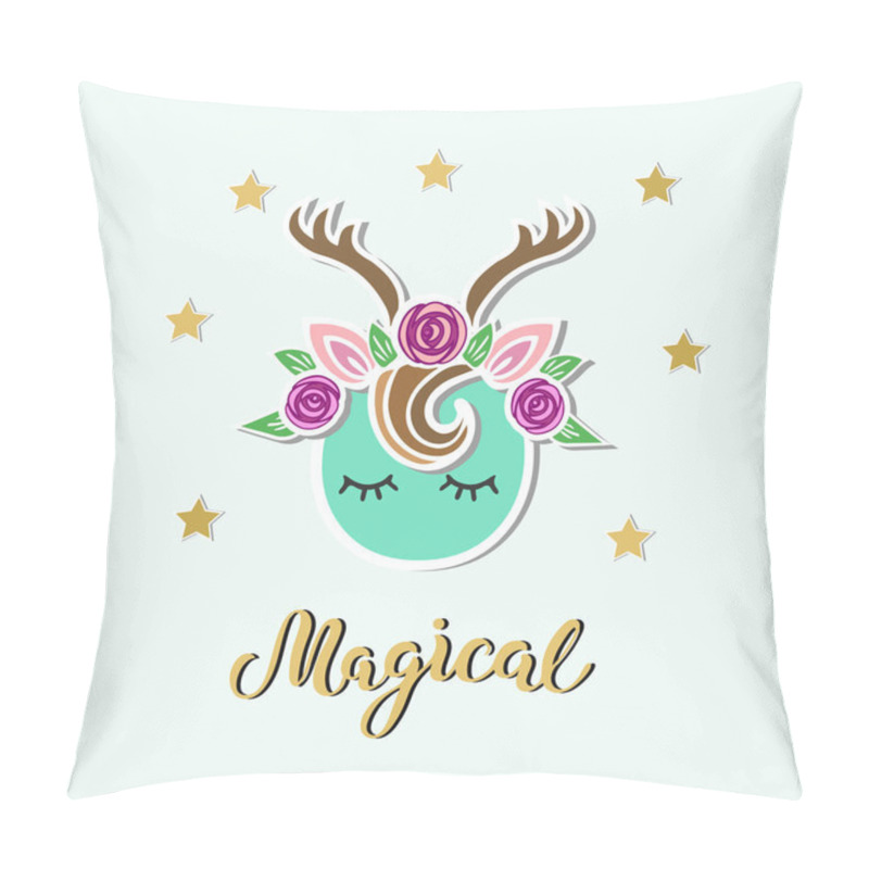 Personality  Magical Deer Vector Illustration As Logo, Badge, Patch Isolated On Blue Background. Handwritten Magical. Deer For Invitation, Birthday, Greetings, Party, Merry Christmas Motive, T-shirt Design. Pillow Covers