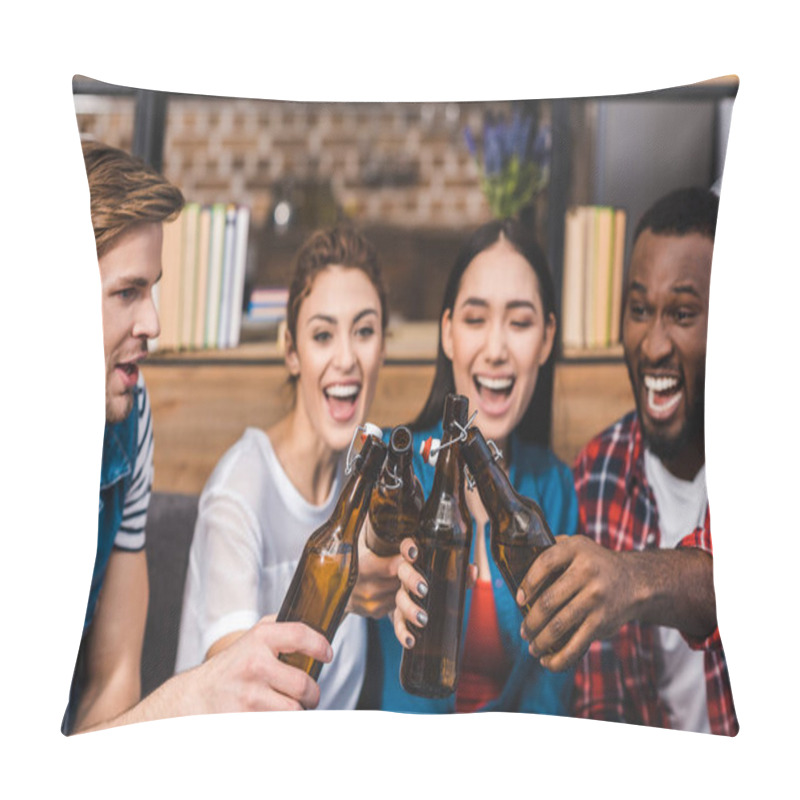 Personality  Happy Young Multiethnic Friends Clinking Beer Bottles Pillow Covers