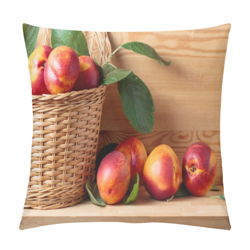 Personality  Nectarines With Leaves In A Wicker Basket On A Wooden Table. Pillow Covers