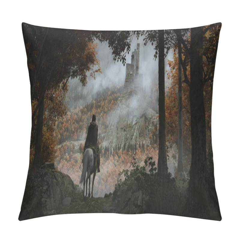 Personality  Knight Riding A Horse On A Path Through Autumn Trees And An Old Castle On A Top Of A Rocky Cliff Near A Misty Wood In A Rainy Day Foreground Out Of Focus - Concept Art - 3D Rendering Pillow Covers