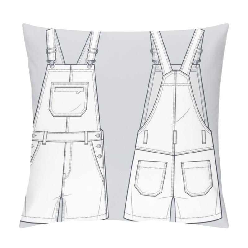 Personality  Denim Overalls Fashion Flat Technical Drawing Template. Short Dungarees, Jumpsuit Technical Fashion Illustration, Pockets, Relaxed Fit, Front And Back View, White, Women, Men, Unisex CAD Mockup. Pillow Covers