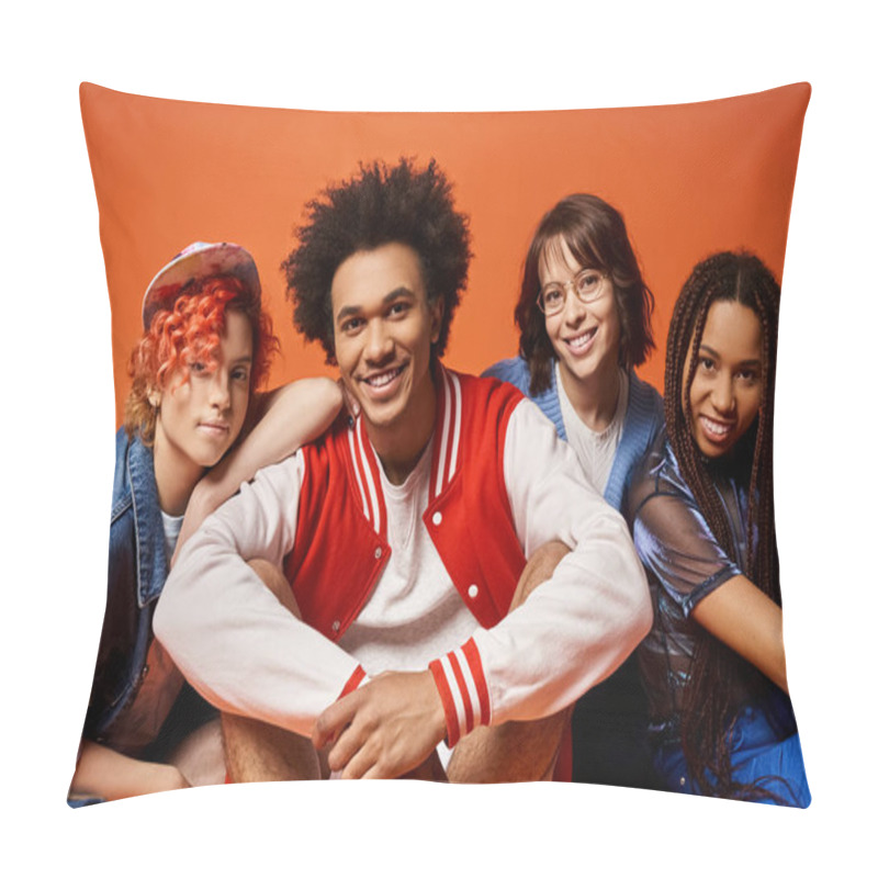 Personality  A Group Of Young Multicultural Friends, Including A Nonbinary Person, Sitting Together In Stylish Attire In A Studio Setting. Pillow Covers