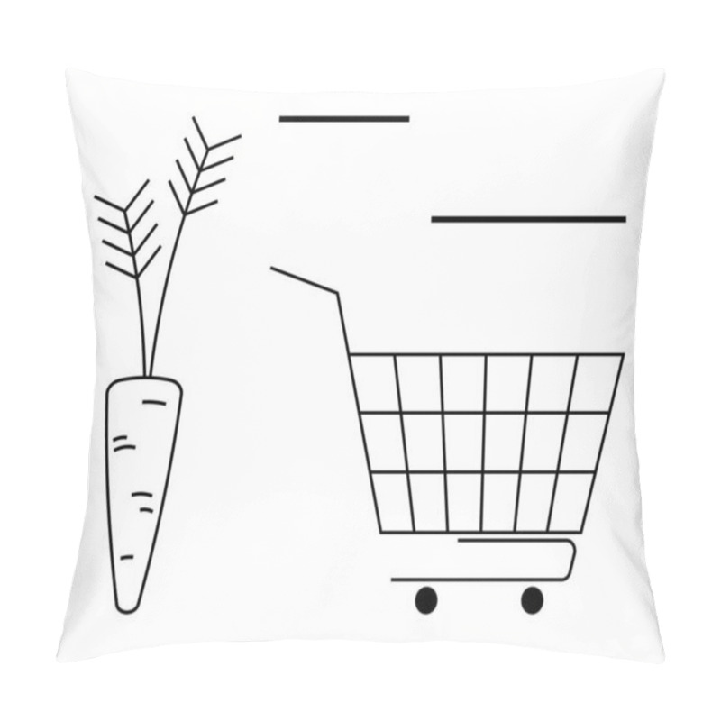 Personality  A Carrot And A Shopping Cart In A Minimalist Outline Style. Ideal For Grocery Shopping, Healthy Food, Nutrition, Agriculture, And Eco-friendly Themes. Black And White Simple Lines On A White Pillow Covers