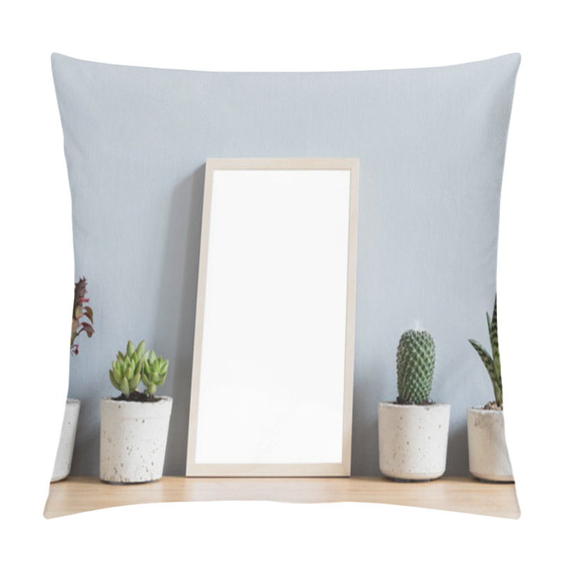 Personality  Green Succulents In Cement Pots And Blank Frame On Wooden Table Pillow Covers