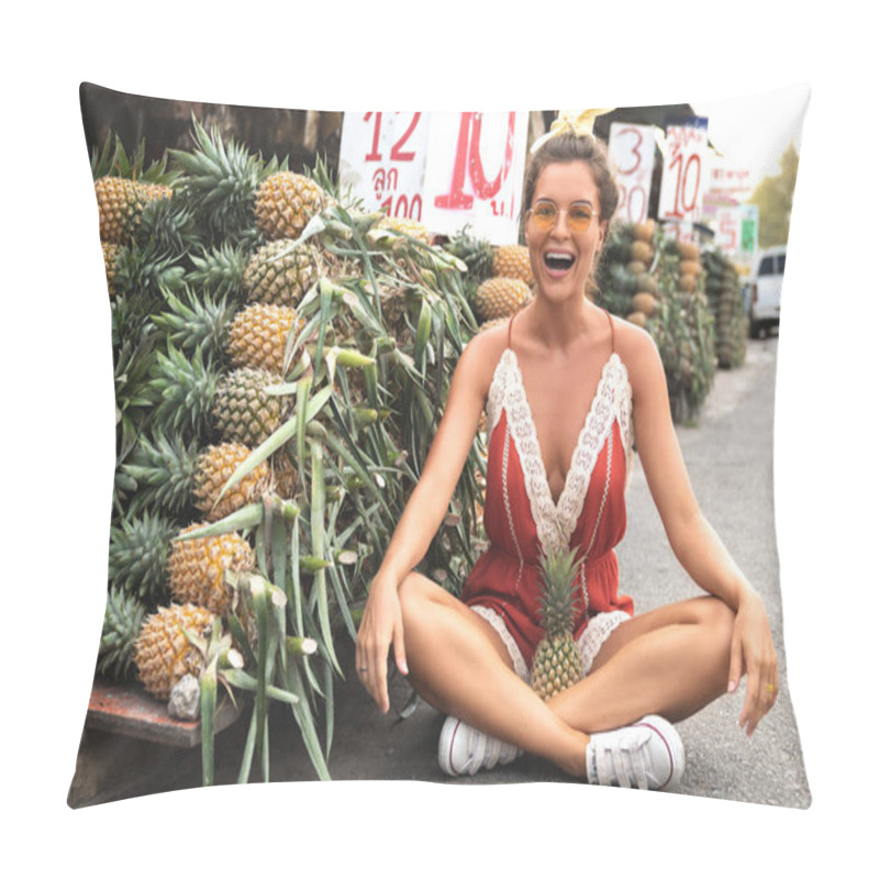 Personality  Young And Happy Woman With A Pile Of Pineapples On The Local Tha Pillow Covers