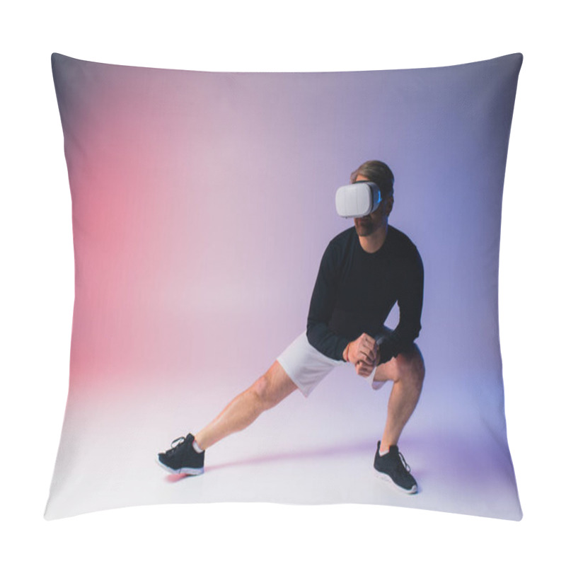 Personality  A Man In A Black Shirt And White Shorts Delves Into Virtual Reality While Wearing A Headset In A Studio Setting. Pillow Covers