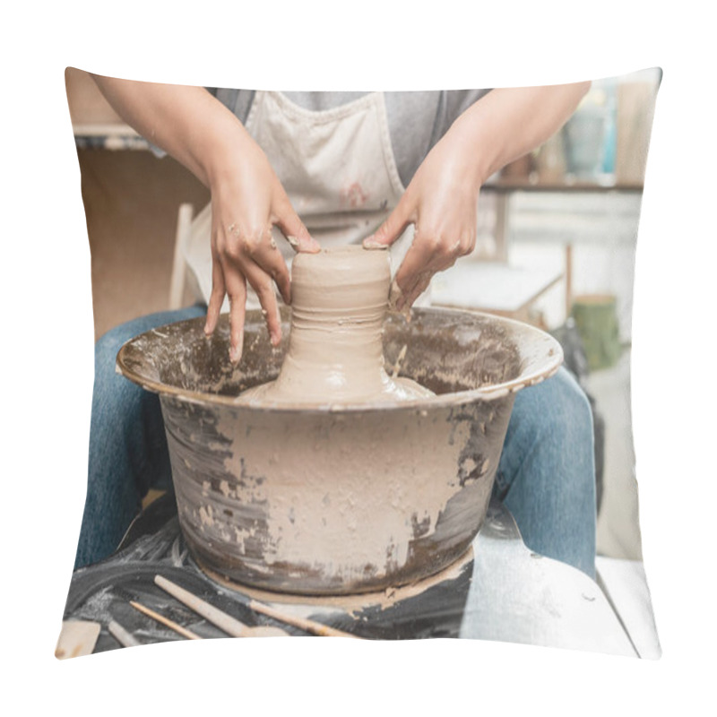 Personality  Cropped View Of Blurred Female Artisan In Apron Shaping Wet Clay On Pottery Wheel Near Tools On Table In Ceramic Art Workshop Ay Background, Clay Sculpting Process Concept Pillow Covers