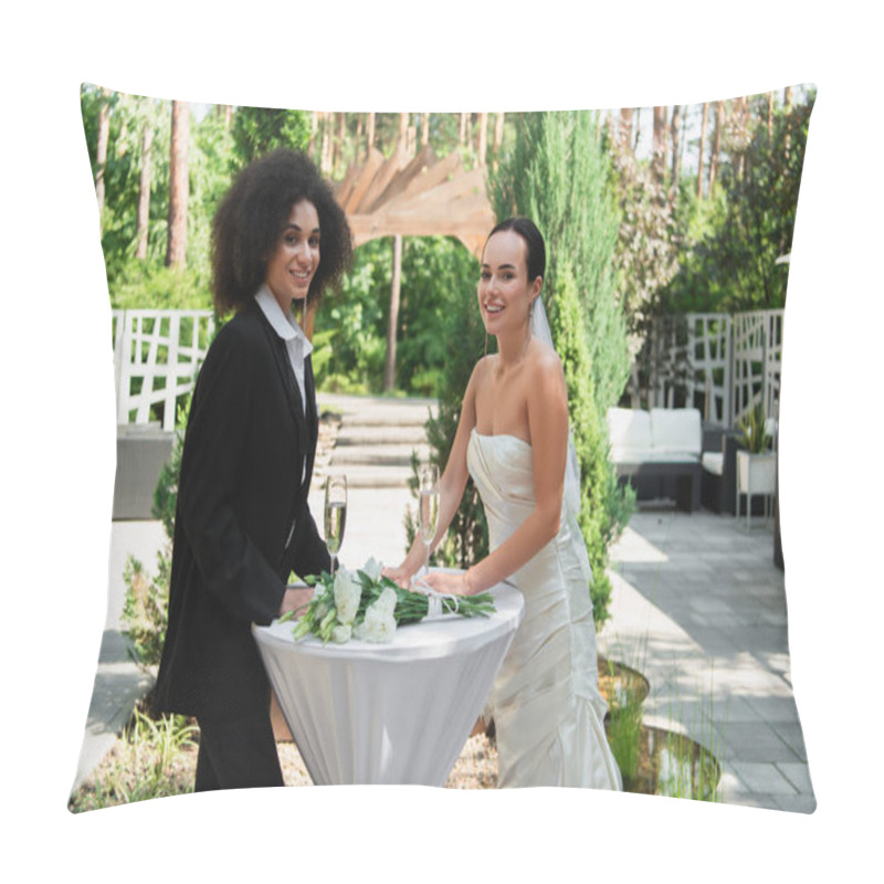 Personality  Smiling Interracial Lesbian Couple Standing Near Bouquet And Champagne During Wedding Outdoors  Pillow Covers