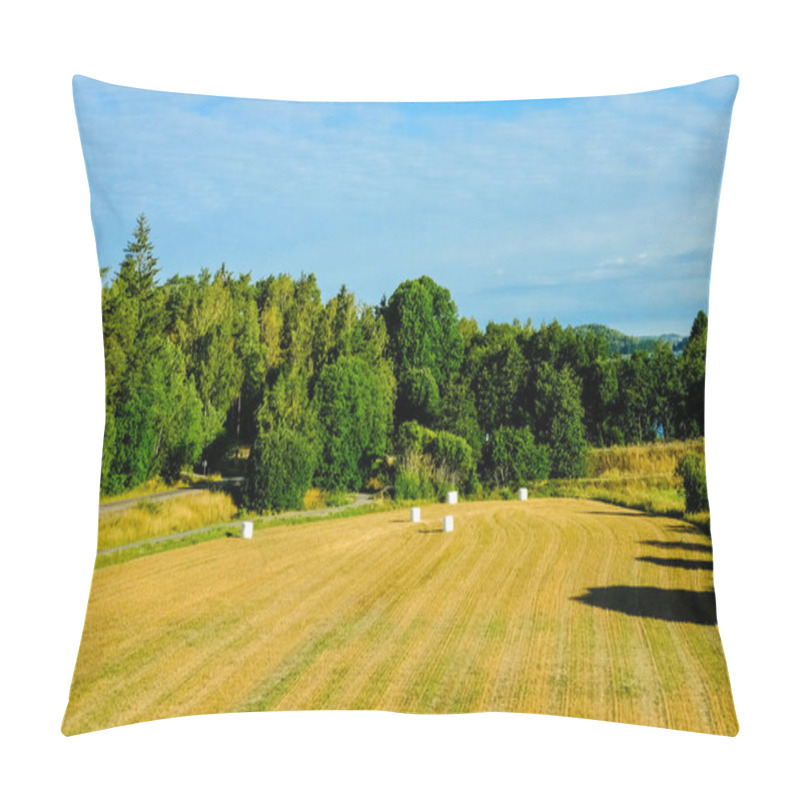 Personality  View On Agriculture Field With Bales Of Hay In White Polyethylene Vacuum Film. Pillow Covers