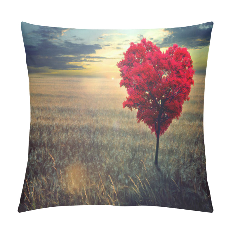 Personality  Red Heart-shaped Tree In The Field Against The Background Of A Decline. Pillow Covers