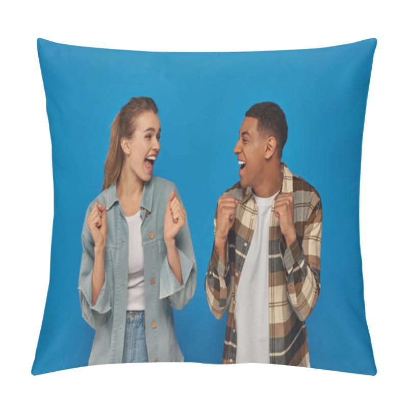 Personality  Happy Interracial Couple Screaming From Joy Looking At Each Other On Blue Backdrop, Emotional People Pillow Covers