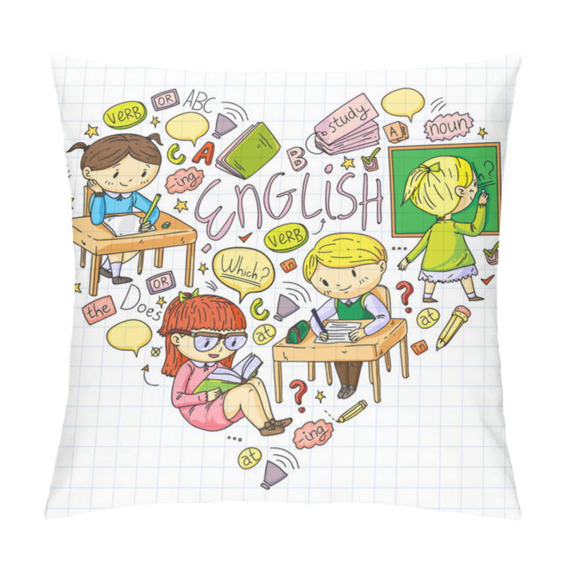 Personality  English School For Children. Learn Language. Education Vector Illustration. Kids Drawing Doodle Style Image. Pillow Covers