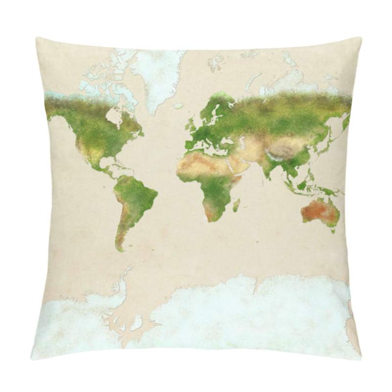 Personality  Planisphere Of The World Ultra Defined With Antarctica, Paper Effect And Peeling Plaster. Physical Map Of The World. Hand Drawn Pillow Covers