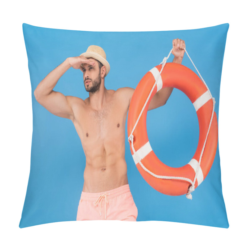 Personality  Muscular Man In Sun Hat Holding Life Buoy And Looking Away Isolated On Blue  Pillow Covers