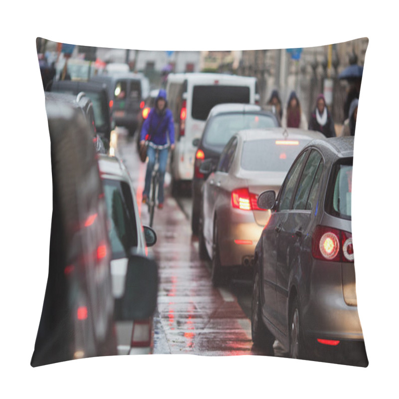 Personality  Cars In A Traffic Jam At Rush Hour In The Rainy City Pillow Covers