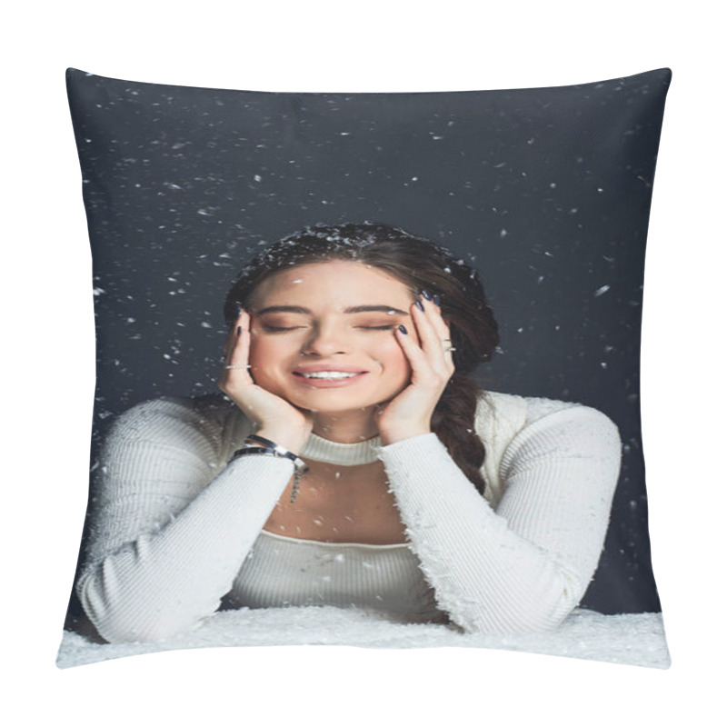 Personality  A Happy Woman Embraces A Flurry Of Snowflakes While Smiling Joyfully In A Warm Setting. Pillow Covers